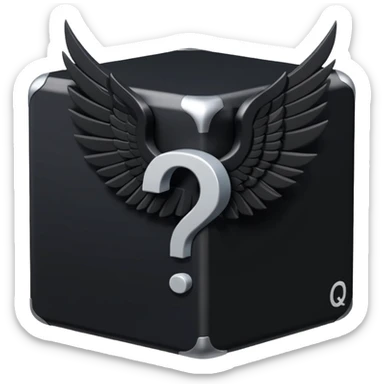 Black cube with black wings and has a white question mark sticker