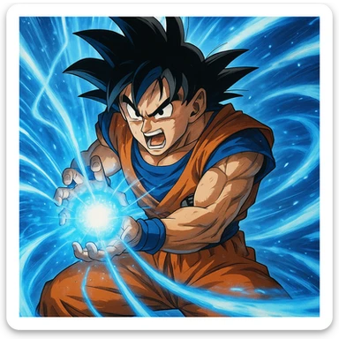 Son Goku, performing Kamehameha energy attack, intense expression, glowing blue energy, anime style sticker