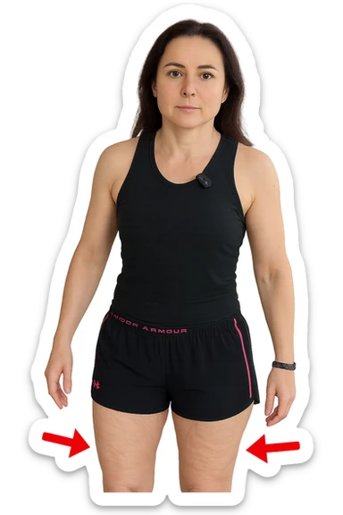 Donna con cellulite sulle cosce indica le cosce che sono infiammate di cellulite con frecce ad indicare  senza mano alzata come in foto. sticker