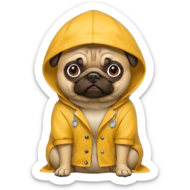 pug in a yellow raincoat sits sticker