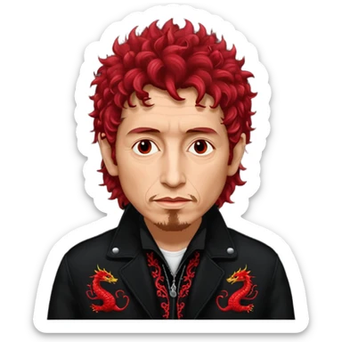 Cinematic realistic Bob Dylan, unshaven and long-haired portrait, in a black jacket embroidered with red dragons, his curly hair red from the spotlights. sticker