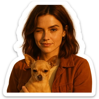 portrait centered of a woman inspired by Zoe Deutch's face, tanned complexion, subtle freckles, playful and determined expression, medium-length brown hair with auburn highlights, wearing a shirt color #FFF8CA and a rust-colored jacket, holding a beige-brown chihuahua, golden hour lighting effect, transparent background, Netflix series style sticker