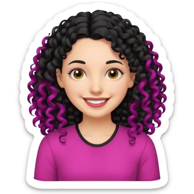 mujer blanca con cabello largo rizado negro sonriendo y con camisa fucsia sticker