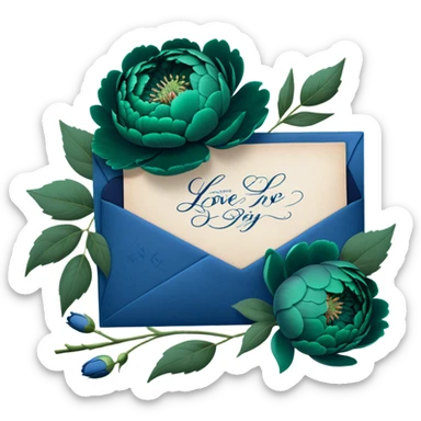 A charming arrangement of deep green peonies placed beside an old blue love letter with an intricate navy blue wax seal. sticker