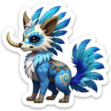 Furry cute colorful exotic tribal feral anime-styled Fakémon-Pokémon-animal-creature with a skull mask, and a feather-mane-collar, and blue feathers, with long furry ears, long furry tail, 4 legs, (full body), with intricate pattern-markings sticker