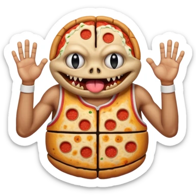 a glitch abomination with hands for a head, a baskeball stomach, pizza eyes sticker
