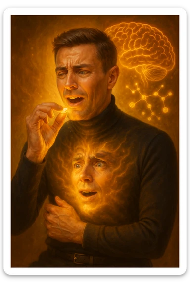 "Man taking simple sugar tablet believing it's powerful medicine, golden healing light emanating from pill as it dissolves, his chronic pain visibly dissolving as relief spreads across his face, expression transforming from suffering to amazement, brain chemistry changing through pure belief, microscopic view showing endorphins releasing purely from expectation, body healing itself through mind's conviction" sticker
