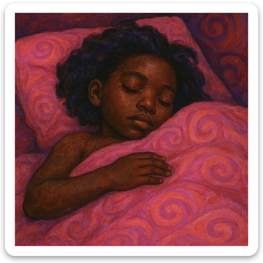 dark skin girl sleeping under pink covers, bufo style sticker