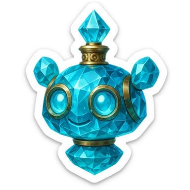 crystal luxurious elixir bottle shaped like a cute robot head, cyan color, lots of glowing, facets, ornaments, golden details, magical effects, very small golden neck, transparent background, beautiful merging base, clearly floating in air, no ground or shadow, very luxurious, friendly, playful, fits in a collection sticker
