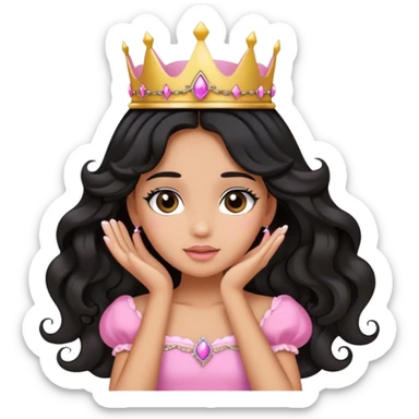 Very very very tanned skin princess, with long black wavy hair and crown and an pink princess outfit with a cute pose with hands on her face sticker