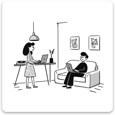 A mid-century modern living room with two people working on laptops — a woman standing working on the laptop and a man sitting on a couch with a laptop. The room has visible floor and two walls forming a corner, large window, modern pendant lamp, turntable, vinyl record stand, retro posters sticker