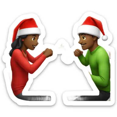 emoji Sports couple , a man and a woman in sportswear, sitting at the Christmas dinner table with a red Christmas hat sticker