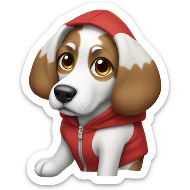 Dog wearing a hoodie with the colors black, white and red sticker