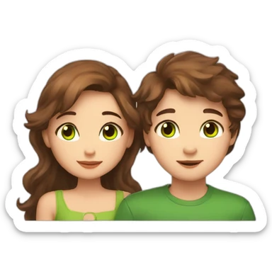Girl with brown eyes and brown hair kisses boy with brown hair and green eyes and hugs brown fat cats sticker