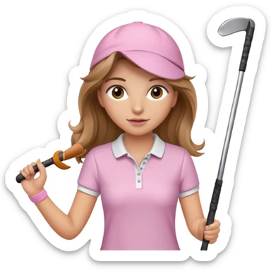 girl with long bronde hair and brown eyes wearing light pink and is swinging a golf club  sticker