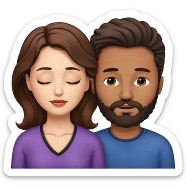White woman (brown hair with eyes closed) and brown man with black wavy hair (has a a beard with his eyes closed too). The woman has her lips on the forehead of the man. sticker