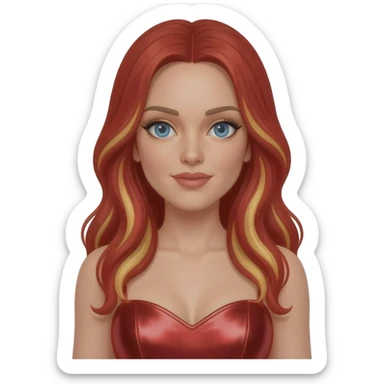 Ginger Spice from Spice Girls with blue eyes, long red hair with blonde highlights, red metallic sweetheart dress sticker