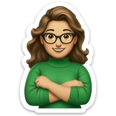 long wavey brunet hair, ponytail, Caucasian woman, fat, cat eye glasses, smiling, wearing a green sweater, transparent background sticker