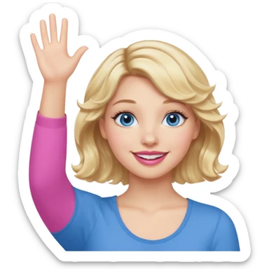 Girl Blonde short wavy hair,  blue eyes, cute blue top, long lashes, pink lips, smiling, hand in the air sticker