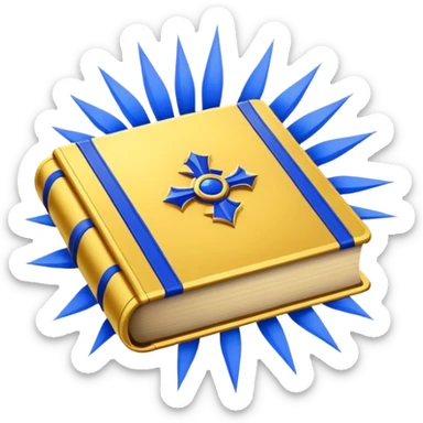 A golden yellow book with royal blue accents, smooth and polished, embossed with a symbol of six pillars, a sun, or a glowing mirror, radiating strength, confidence, and the power of self-worth.  sticker