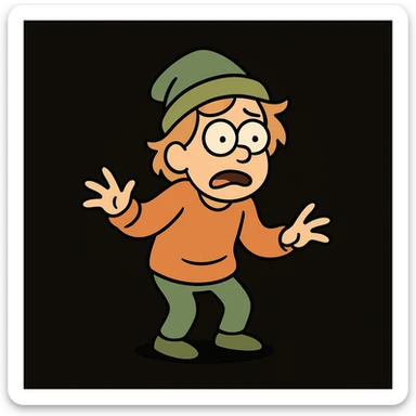 miniature of a person, green and orange colors, black background, cartoon style sticker