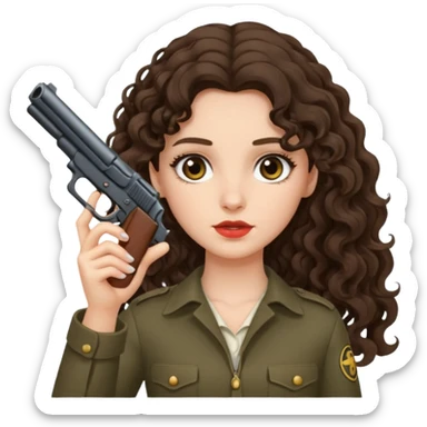 A brunette with long wavy, curly hair girl who is about to kill herself with a littlr gun pointed at her temple sticker