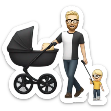 White man with Black hair,  beard and glasses pushing buggy with blonde baby sticker