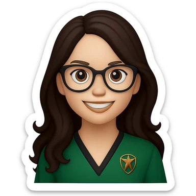 Make her hair a darker brown with a side parting and no fringe, keep the rest the same, no background. sticker