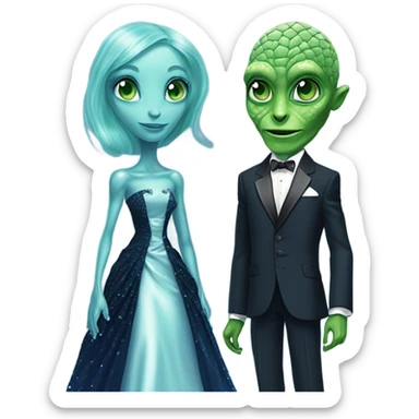 green reptilian alien woman, in long slim pastel blue formal party satin dress with gradient shiny sparkling navy blue diamonds embroidered , and caucasian man in black dress sticker