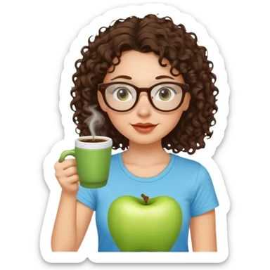 White girl with dark brown curly hair, brown eyes, sky blue glasses, nose ring, apple green t shirt, drinking coffee from a glass cup sticker
