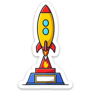 Golden rocket achievement award, shiny gold rocket on a trophy stand sticker
