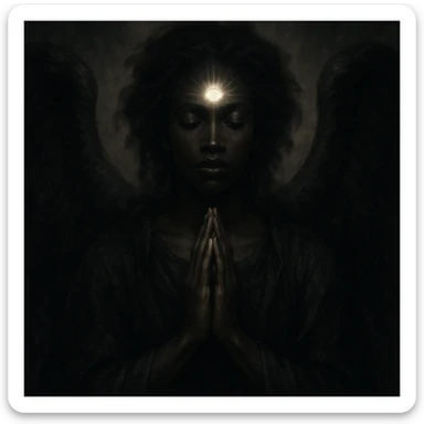 a black angel in a praying pose with a flashing third eye, dramatic and mystical style, ethereal atmosphere sticker