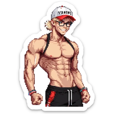 Skinny man with muscular definition, black and white cap with VANOMAS text, bare torso, red shorts, clear glasses, messy light blond hair, flexing muscles and smiling sticker