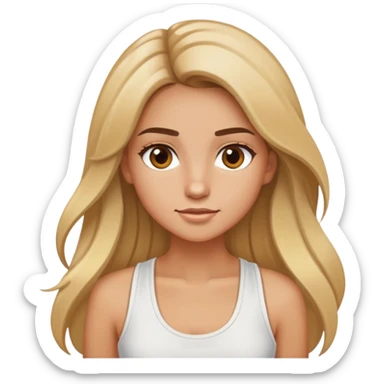 Realistic portrait of tan girl with long brown hair with blonde highlights wearing white tank top sticker