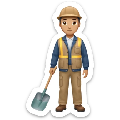 male worker 1950, wearing a flat cap, jacket and trousers, standing holding a shovel sticker