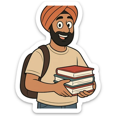 university sikh boy cartoon style wearing a turban casual student outfit holding books friendly expression sticker