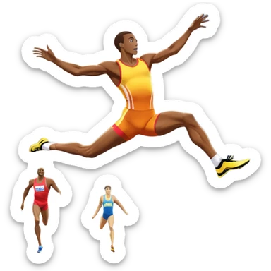An icon showcasing  a sprinter in full speed, a high jumper soaring over the bar, a long jumper taking off, and a discus thrower in motion. The background features a vibrant stadium with cheering crowds, bright lights, and a clear sky.  sticker