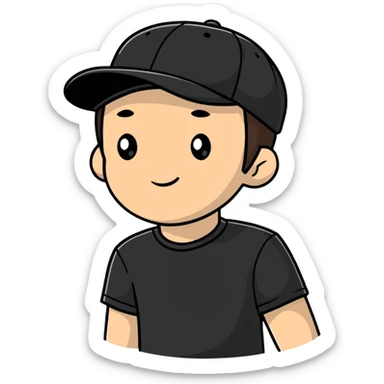 a white bro with brunette hair, wearing a black cap and a black shirt sticker