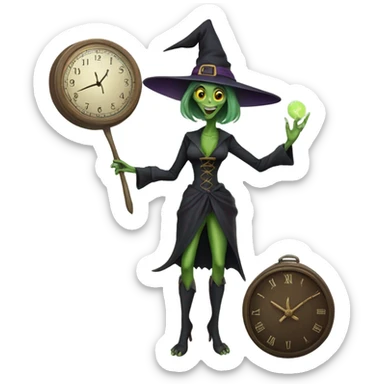 a Reptilian alien woman, as witch, holding holding a big clock, full body, happy sticker