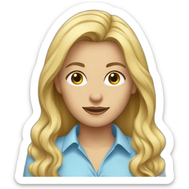 a blonde woman with long hair, dark eyes, and a light blue shirt sticker