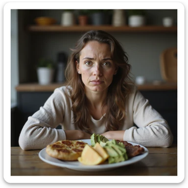 realistic woman with PCOS sitting at table with ketogenic plate (eggs, cheese, avocado, meat), puzzled or unconvinced expression, face with acne and facial hair, thinning hair, realistic environment, hyperrealistic 4K details sticker