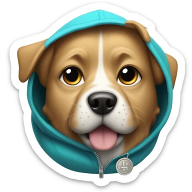 Dog wearing a hoodie with the logo of ton coin sticker