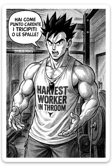 Personal trainer che dice al suo allievo, "hai come punto carente i tricipiti o le spalle!" Stile manga di Dragon Ball sticker