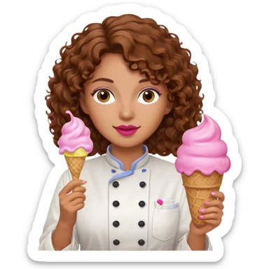 woman brown curly hair, chef, eating pink ice cream sticker