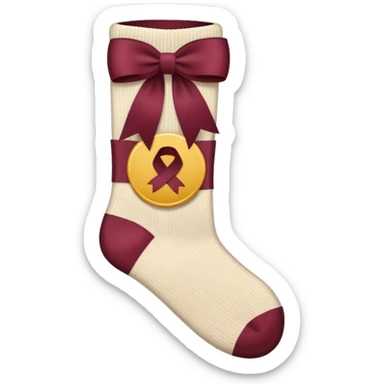 beige socks with a large burgundy ribbon sticker