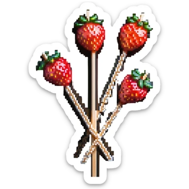 wooden skewer with three strawberries coated in shiny sugar glaze sticker