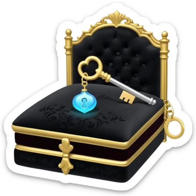 A Discord emoji of a black velvet cushion holding a glowing silver key. Ornate, royal gothic style, simple and clean for small scale, white background. sticker