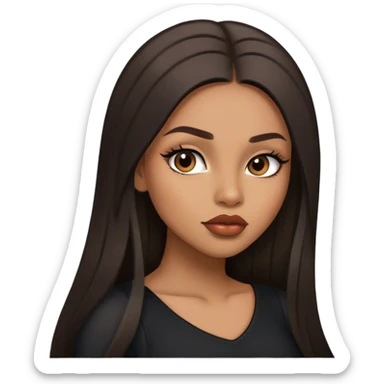 light brown skin tone, very beautiful woman, with big plump lips, long long lashes, black straight long hair, middle hair parting, brown eyes, black dress, sticker