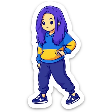 female with slim hourglass shaped body, purple long hair, wearing a blue sweater, dark blue sweatpants, and black sneakers, full body view sticker