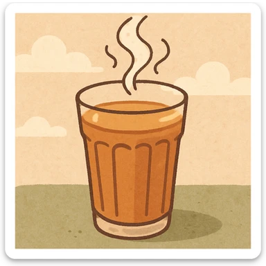cartoon style illustration of a glass of karak tea, with steam rising, warm colors, inviting and cozy feel sticker